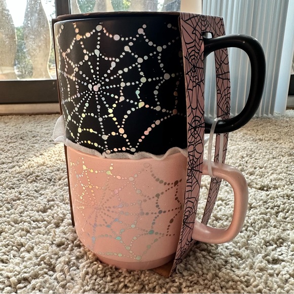 Set of Two Coffee / Tea Pink Black Mugs Holographic Spider Webs - Picture 4 of 7